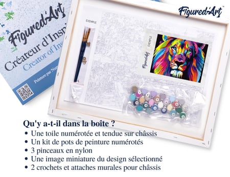 Peinture par Numéro Figured'Art avec Cadre - Lion Pop Art - Kit de Loisir Créatif DIY Numéro d'Art Complet - 40x50cm toile tendue sur châssis