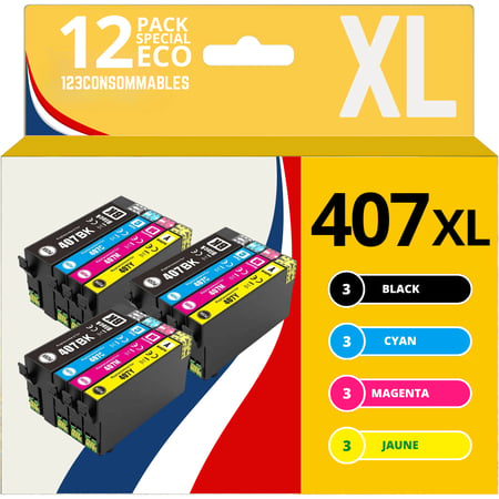123CONSOMMABLES - Pack de 12 Cartouches d'encre compatibles avec Epson 407XL WorkForce Pro WF-4745DTWF (3 Noires 3 Cyan 3 Magenta 3 Jaune) - 123CONSOMMABLES