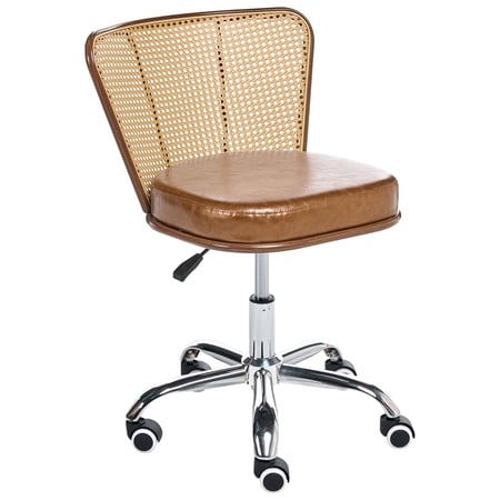 Chaise de Bureau Marron en Cuir PU et Rotin PE Tresse Viennoise Dossier Pivotant Réglable Style Retro