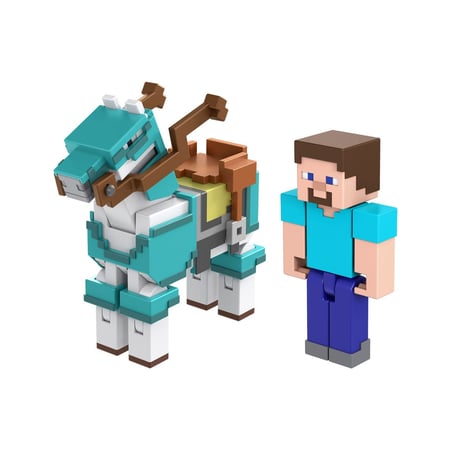 Minecraft - Pack 2 figurines Steve et cheval avec armure 8 cm