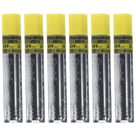 Mine de rechange Pentel Hi-Polymer Super - 0,9 mm - 2B - Lot de 6 étuis de 15 mines