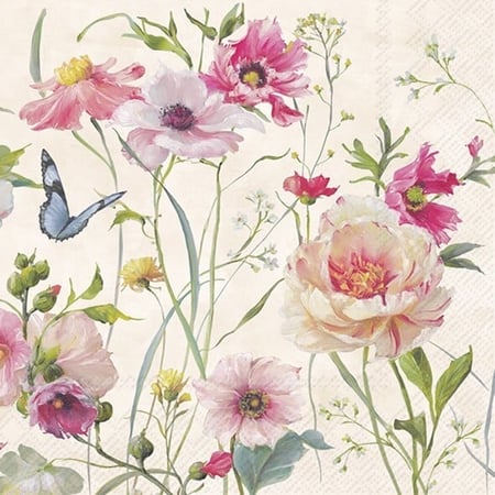 Lot de 4 serviettes en papier découpage collage 33 cm FLEUR ET PAPILLON FL 1013