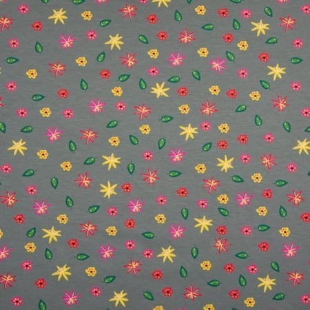 Tissu Jersey Coton Feuilles  et fleurs jaunes rose et vertes sur fond Gris foncé