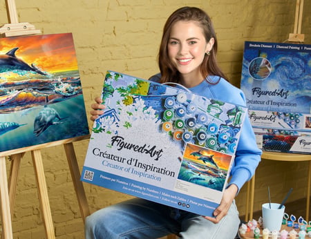 Peinture par Numéro Figured'Art avec Cadre - Aube de Dauphins - Kit de Loisir Créatif DIY Numéro d'Art Complet - 40x50cm toile tendue sur châssis