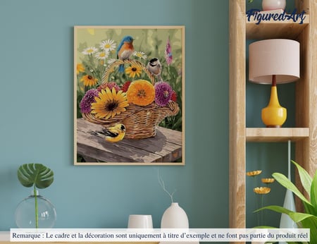 Peinture par Numéro Figured'Art - Fleurs dans un Panier et Oiseaux - Kit de Loisir Créatif DIY Numéro d'Art Complet - 40x50cm sans châssis en bois