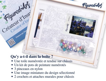 Peinture par Numéro Figured'Art avec Cadre - Canaux au crepuscule - Kit de Loisir Créatif DIY Numéro d'Art - 40x50cm toile tendue sur châssis
