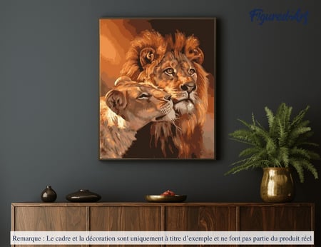 Peinture par Numéro Figured'Art avec Cadre - Couple Lion et Lionne - Kit de Loisir Créatif DIY Numéro d'Art - 40x50cm toile tendue sur châssis