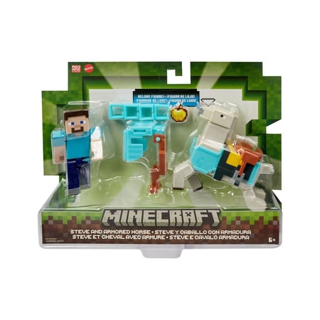 Minecraft - Pack 2 figurines Steve et cheval avec armure 8 cm