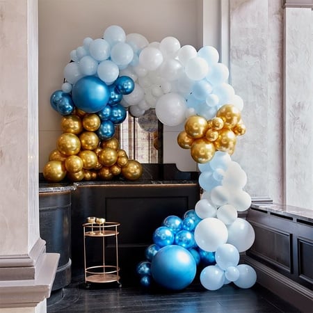 Kit Arche Luxe de 200 Ballons - Bleu Blanc et Or métallique
