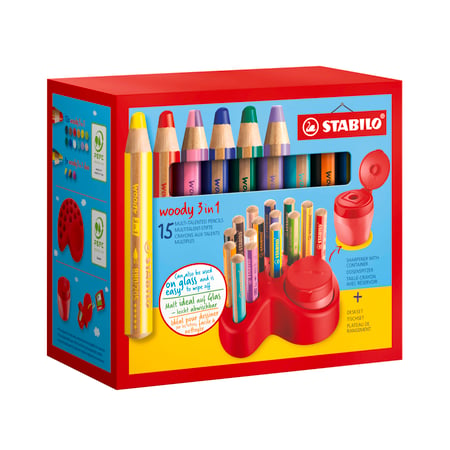 Set de crayons + 1 taille-crayon avec réservoir + 1 plateau de rangement  STABILO - woody 3 in 1 - 15 pièces - Dessiner - Colorier - Peindre