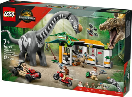 LEGO Jurassic World La Poursuite du Vélociraptor et du Titanosaure - Jouet Dinosaure - Voiture 4x4 & Moto - 3 Minifigurines - Cadeau Original pour Garçon ou Fille dès 7 ans 76973