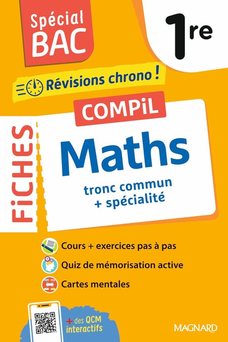 Spécial bac : Compil de Fiches Maths  : Tronc commun + spécialité  1re - Tout le programme de Maths 1re en 92 fiches visuelles (édition 2026)
