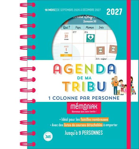 Agenda de ma tribu Mémoniak 2027 - une colonne par personne - 16 mois - septembre 2026-décembre 2027