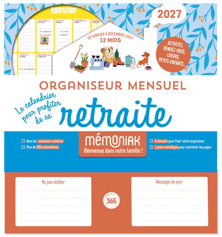 Organiseur mensuel Mémoniak retraite 2027, 12 mois janvier-décembre 2027