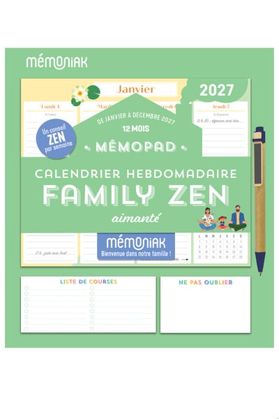 Mémopad calendrier hebdomadaire aimanté Family zen 12 mois (édition 2027)
