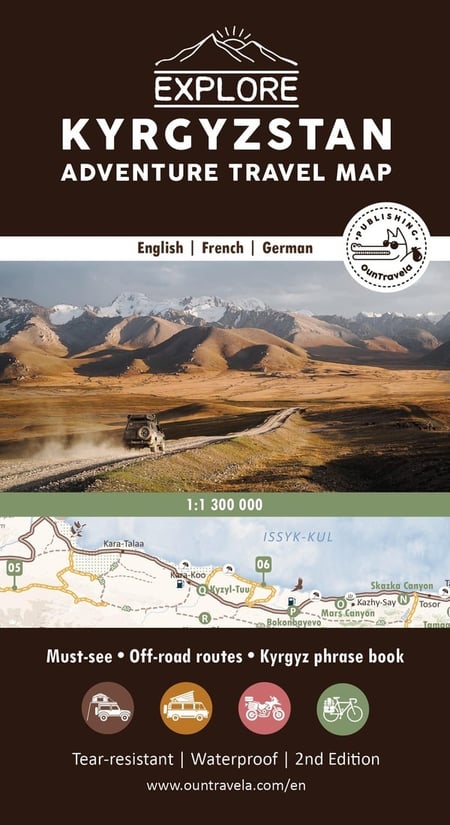 Kyrgyzstan Adventure Travel Map | 1:1,300,000 Scale | 80 Must-See Highlights & Kyrgyz Phrasebook : Map of Kyrgyzstan - Carte du Kirghizistan - Karte von Kirgisistan | English - Français - Deutsch