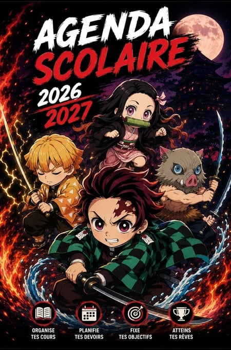 Agenda scolaire 2026-2027 Demon Slayer : Organisateur scolaire - Planificateur hebdomadaire pratique pour noter les devoirs, l'emploi...