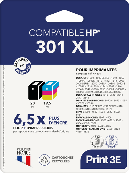 Pack de 2 cartouches d'encre Print3E - compatibles HP 301 XL - Noir, Couleur
