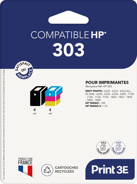 Pack de 2 cartouches d'encre Print3E - compatibles HP 303 - Noir, Couleur