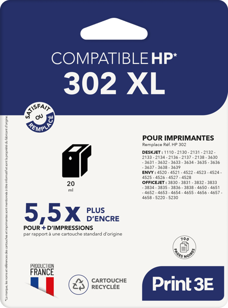 1 Cartouche d'encre Print3E - compatible HP 302 XL - Noir