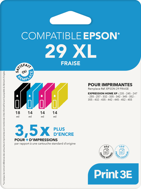 Pack de 4 cartouches d'encre Print3E - compatibles Epson 29 XL - Noir, Cyan, Magenta, Jaune