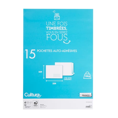 15 pochettes adhésives blanches - 229x324mm - 120g/m² - Cultura