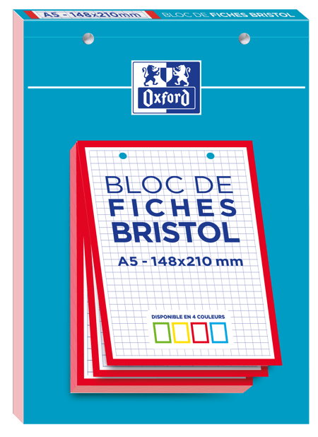 Fiches bristol perforées - 30 feuilles A5 14.8 x 21 cm - 210 g/m² - Petits carreaux - Bristol 2.0 - Oxford - Rouge
