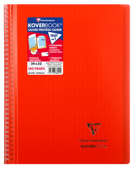 Clairefontaine 386401C Un Cahier à Spirale Koverbook - 24x32 cm - 160 Pages  Grands Carreaux - Papier Blanc 90 g - Couverture Polypro Couleur Aléatoire