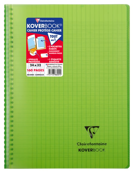 Clairefontaine 376401C Un Cahier à Spirale Koverbook - A4 21x29,7 cm - 160  Pages Grands Carreaux - Papier Blanc 90 g - Couverture Polypro Couleur