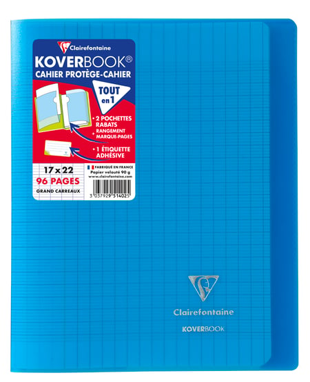 Cahier piqué - 17x22 cm - Koverbook - Clairefontaine - 96 pages grands  carreaux - Bleu - Cahiers - Carnets - Blocs notes - Répertoires
