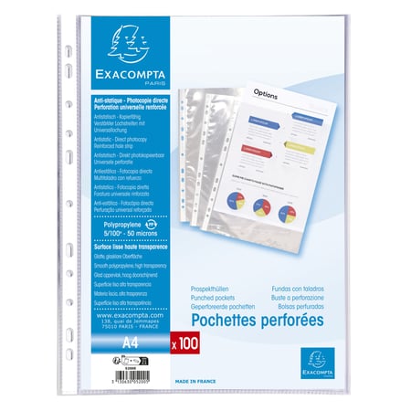 Lot de 100 pochettes perforées A4 - Polypro - Exacompta - Pochettes  Plastiques - Protection document