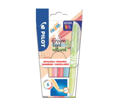 Lot de 6 surligneurs effaçables Pilot - FriXion Light Natural - Rouge / vert / gris / bleu / rose / orange - Pointe biseautée moyenne