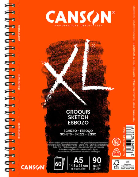 CANSON XL Croquis - Album de dessin - reliure à anneaux métalliques - A5 - 60 feuilles - ivoire