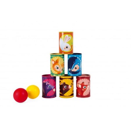 Jeux du chamboule-tout composé de boules et de pots en bois peints - Artemio