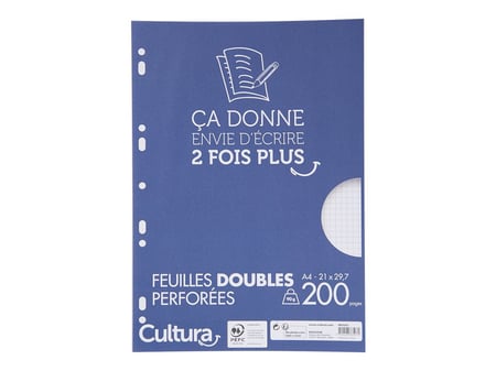 Copies doubles blanches - Format A4 21 x 29,7 cm - 200 pages petits carreaux  - 90 g/m² - Cultura - Copies doubles - Copies - Feuilles