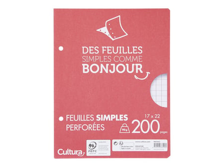 Feuilles simples blanches - 17 x 22 cm - 200 pages grands carreaux - 90  g/m² - Cultura - Feuille Simple - Copies - Feuilles