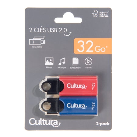 Lot de 2 clés USB 2.0 - rétractables - 32 Go - Cultura - Clé USB