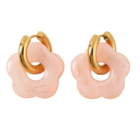 Boucles D'Oreilles Créoles Fantaisie - Forme Ovale Avec Fleur Rose Suspendue - Acier Doré - Neuf Sous Écrin