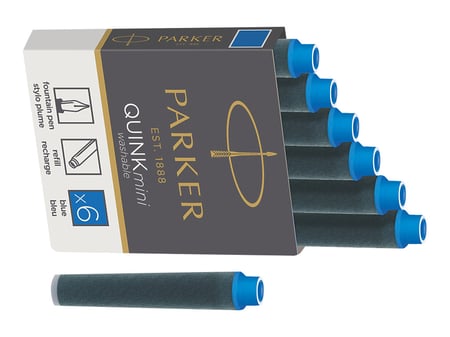 Etui de 6 cartouches Mini Quink Parker - encre Bleue - Recharges