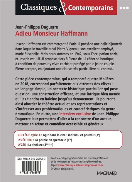Adieu monsieur Haffmann : Jean-Philippe Daguerre - 2210765579 - Œuvres  étudiées en classe