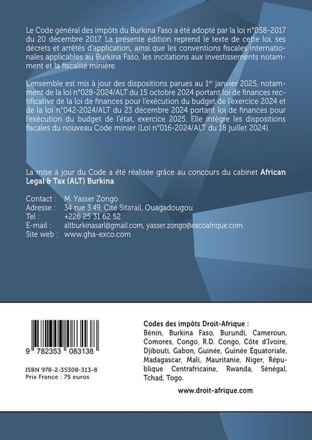 Burkina Faso - Code général des impôts 2025 - Livre Droit Privé - Livre ...