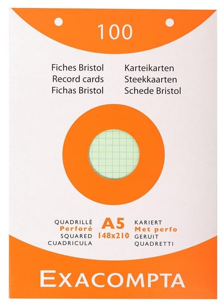 Etui de 100 fiches bristol Exacompta - quadrille 5x5 perfore 148x210mm - couleurs assorties