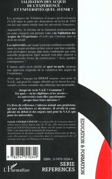 VALIDATION DES ACQUIS DE L'EXPÉRIENCE ET UNIVERSITÉS QUEL AVENIR ? :  Isabelle Cherqui-Houot