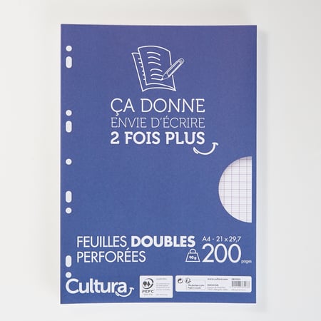 Copies doubles blanches - Format A4 21 x 29,7 cm - 200 pages grands carreaux  - 90 g/m² - Cultura - Copies doubles - Copies - Feuilles