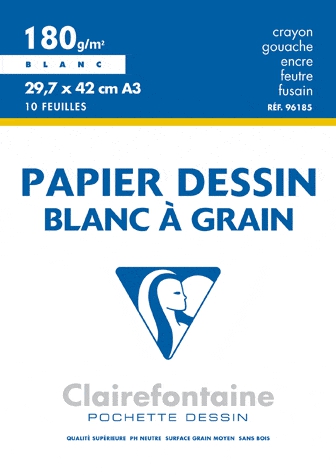 Pochette Papier Dessin à Grain blanc 10 feuilles A3 180g - Papiers et  pochettes dessin - Supports de dessin et coloriage
