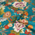 Tissu coton imprimé motifs floraux Japonais sur fond Bleu turquoise