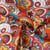 Tissu Popeline de Coton  Eugénie mandala floral Bleu sur fond Corail
