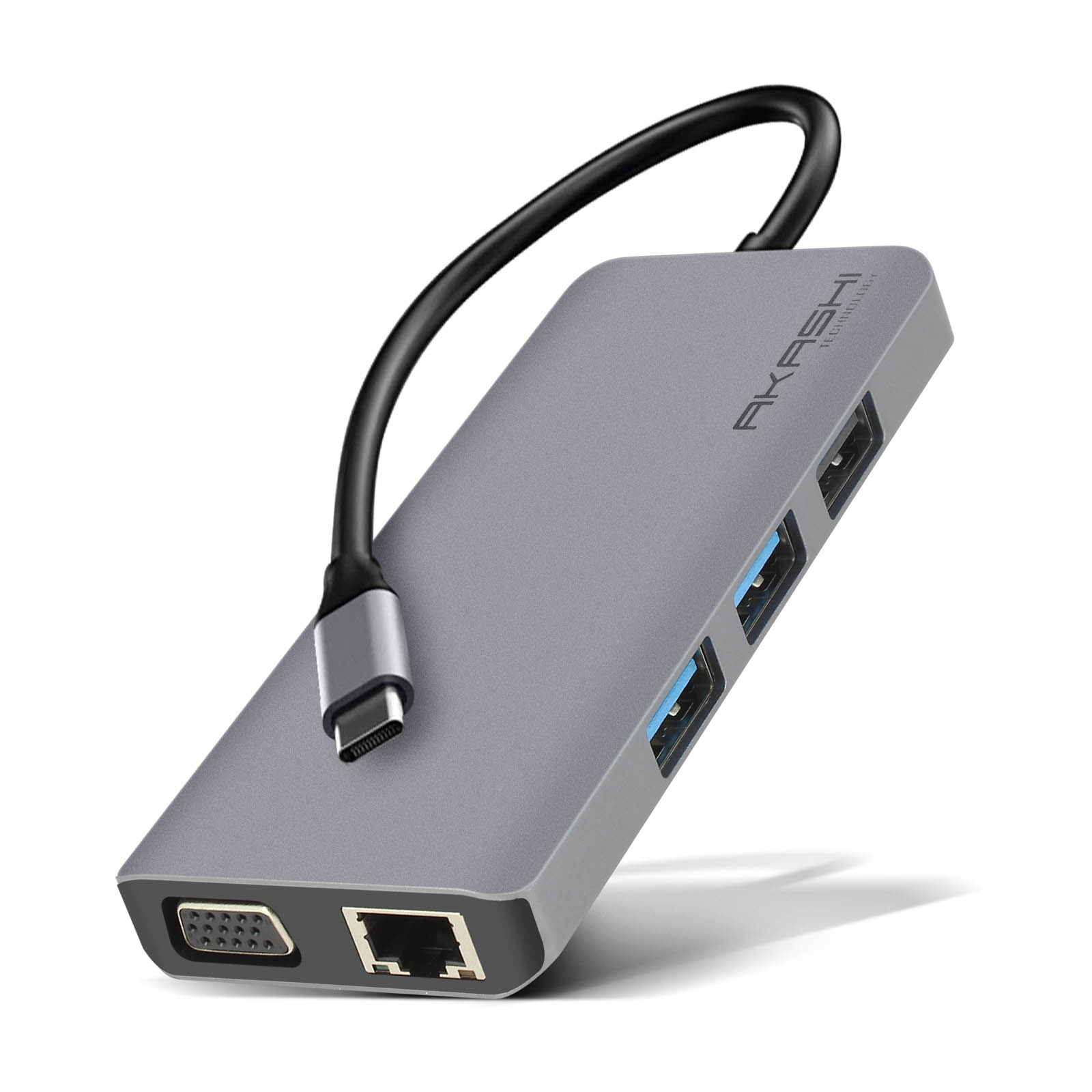 Akashi Hub USB-C 3x USB 1x HDMI 1x VGA 1x Ethernet 1x USB-C 1x microSD / SD Gris