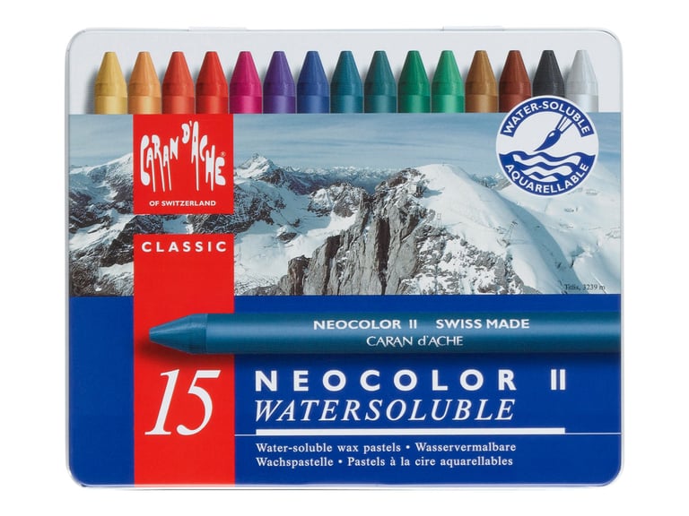 Caran D'Ache Neocolor II - Lot 15 Pastels Cire Aquarellables + Pinceau - Loisirs Créatifs