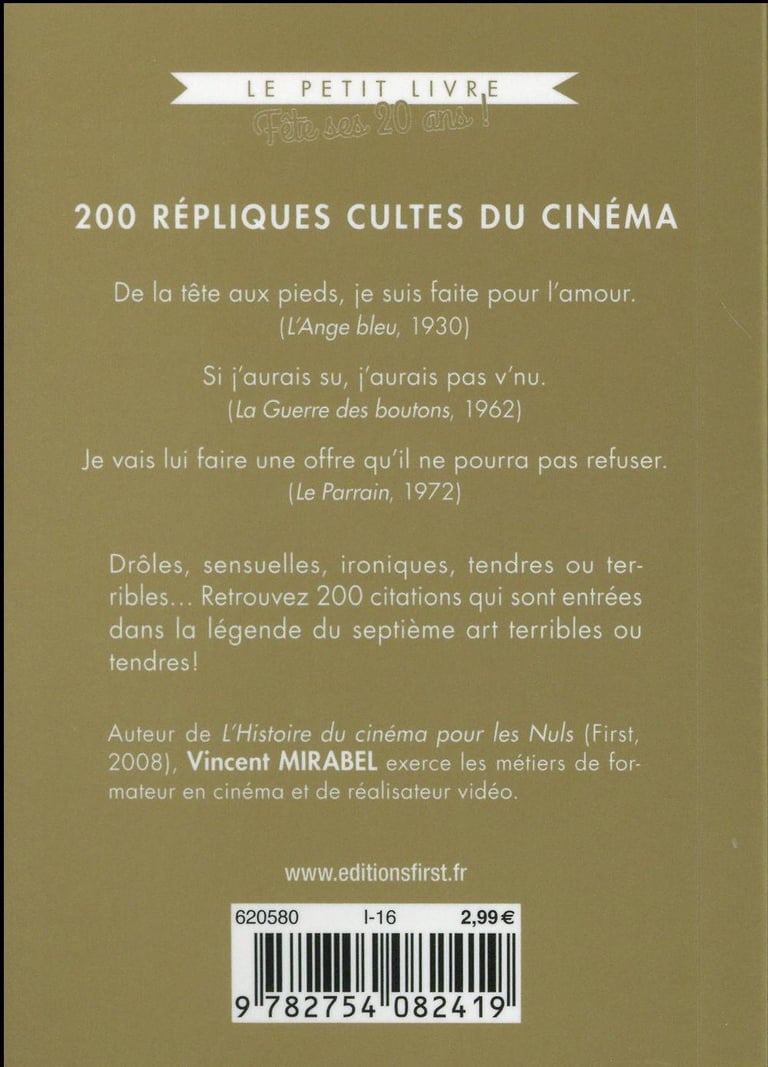 Les 100 Repliques Cultes Du Cinema Francais 200 répliques cultes du cinéma français - édition collector : Vincent  Mirabel - 2754082417 - Cinéma Télévision - Livres d'Art | Cultura